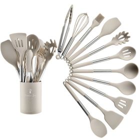 Stainless tube handle silicone insulated tail cover silicone kitchen set 12 pieces silicone spatula spoon 2021 new (size: Small drum - khaki)