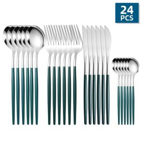 ut24pcs/Set Stainless Steel Cutlery; Portuguese Cutlery Spoon; Western Cutlery Set (Color: Silver + Green)